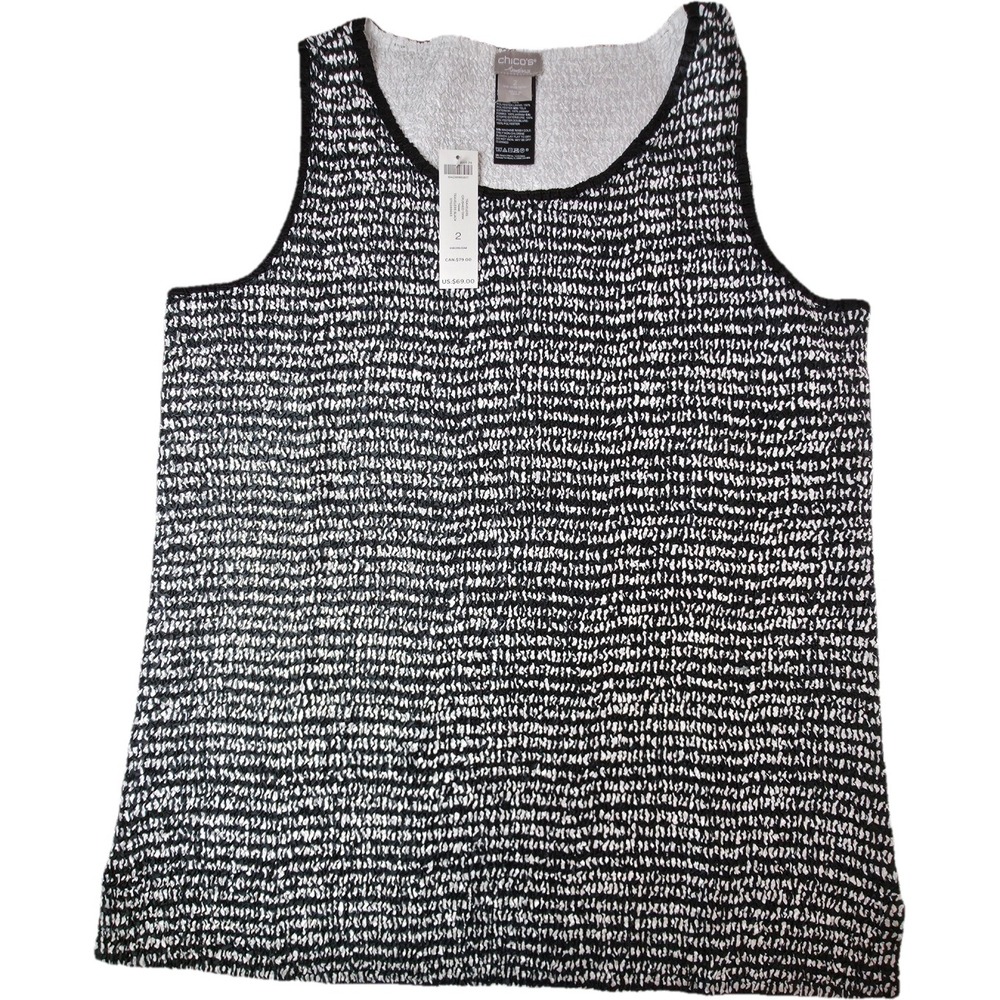 Chico's Travelers Tank Women 2(Large)Black White Crushed Textured Sleeveless New